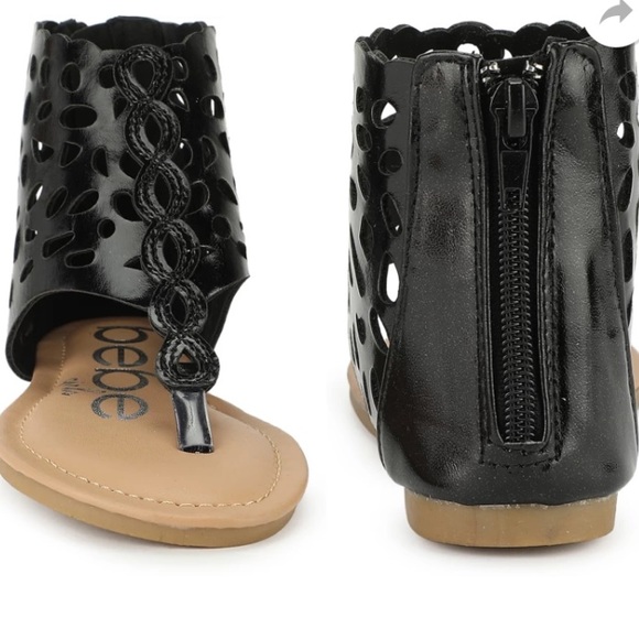 NWT BEBE GIRLS Shiny Black Perforated Cut Out Gladiator Goddess Bootie Sandals - Picture 6 of 9